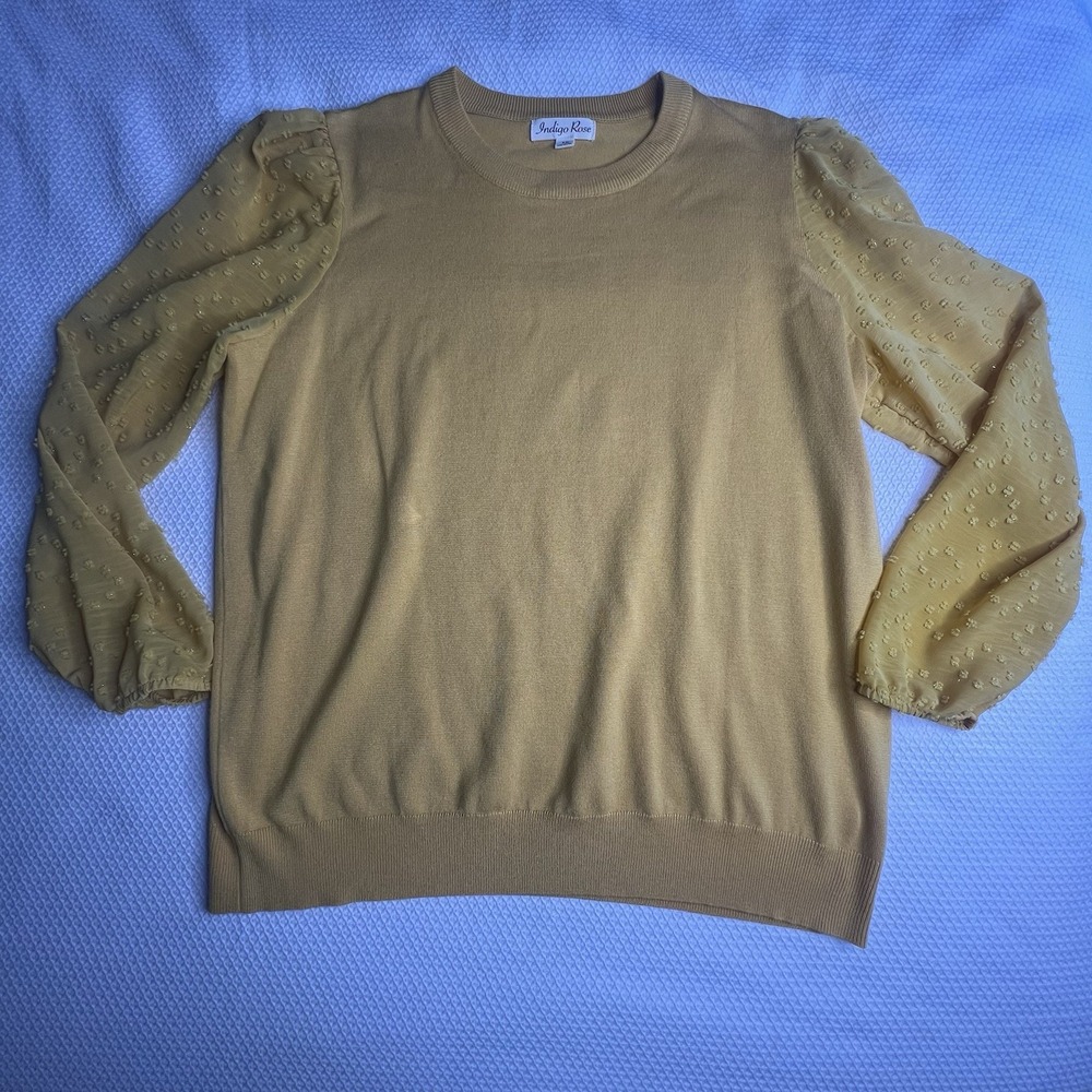 Indigo Rose Women's Plus Size 1X Blouse Sheer Accent Long Sleeve Yellow Gold Top